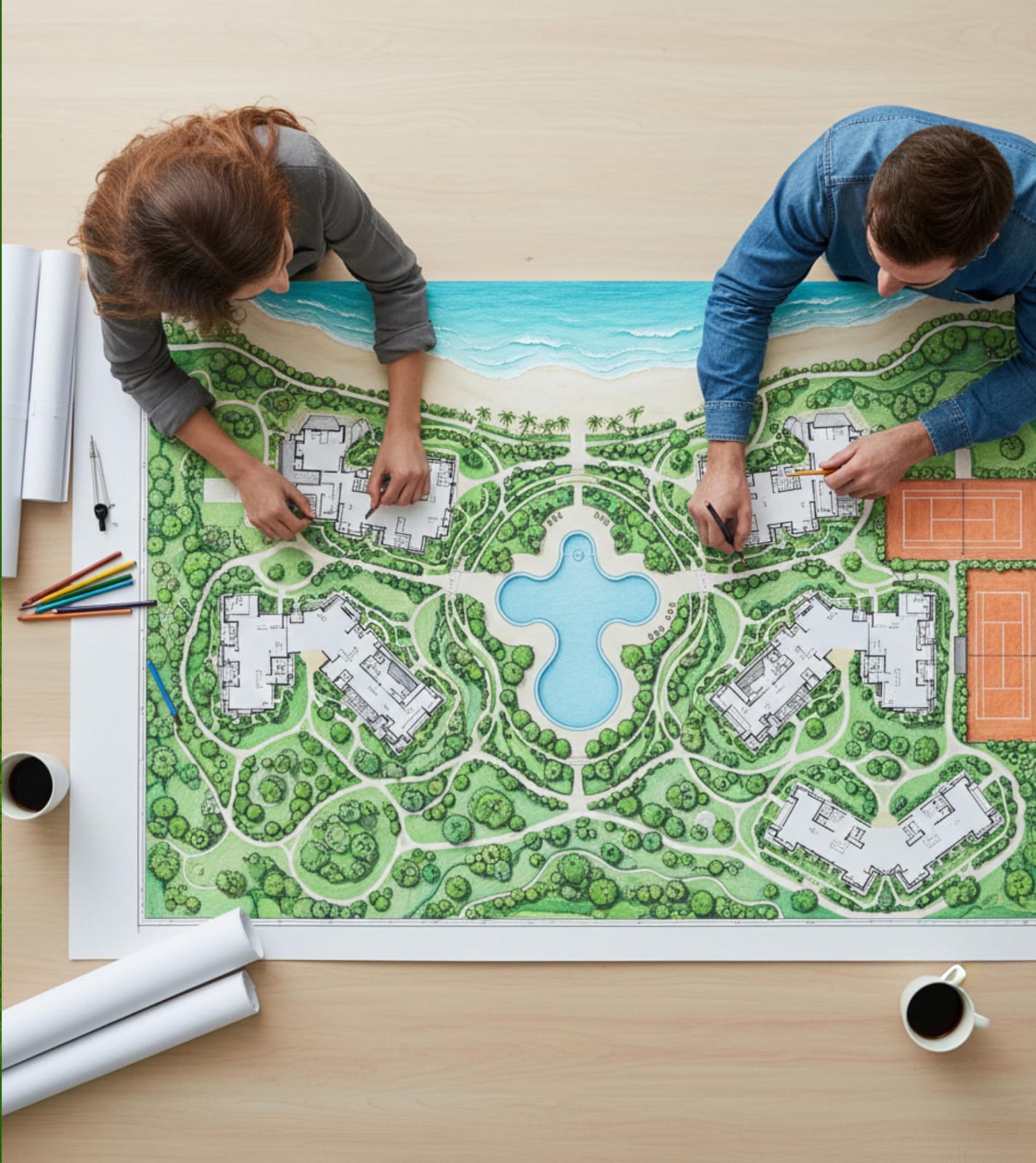 Arquitectos trabajando en plano de paisajismo